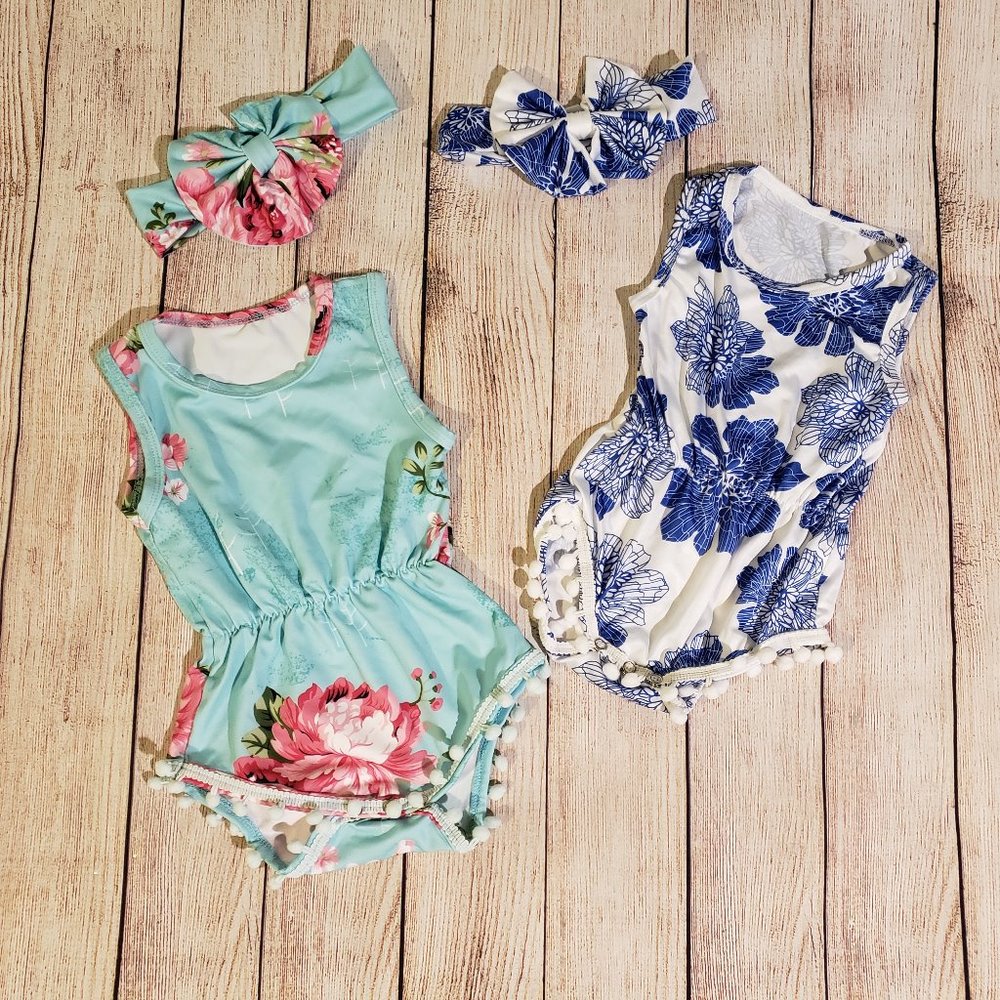0-6m Set of 2 Floral Bodysuits+ Matching Headbands